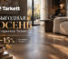 Рекламный баннер «Выгодная осень с паркетом Tarkett» со скидкой 15% на фоне современного интерьера гостиной с деревянным полом